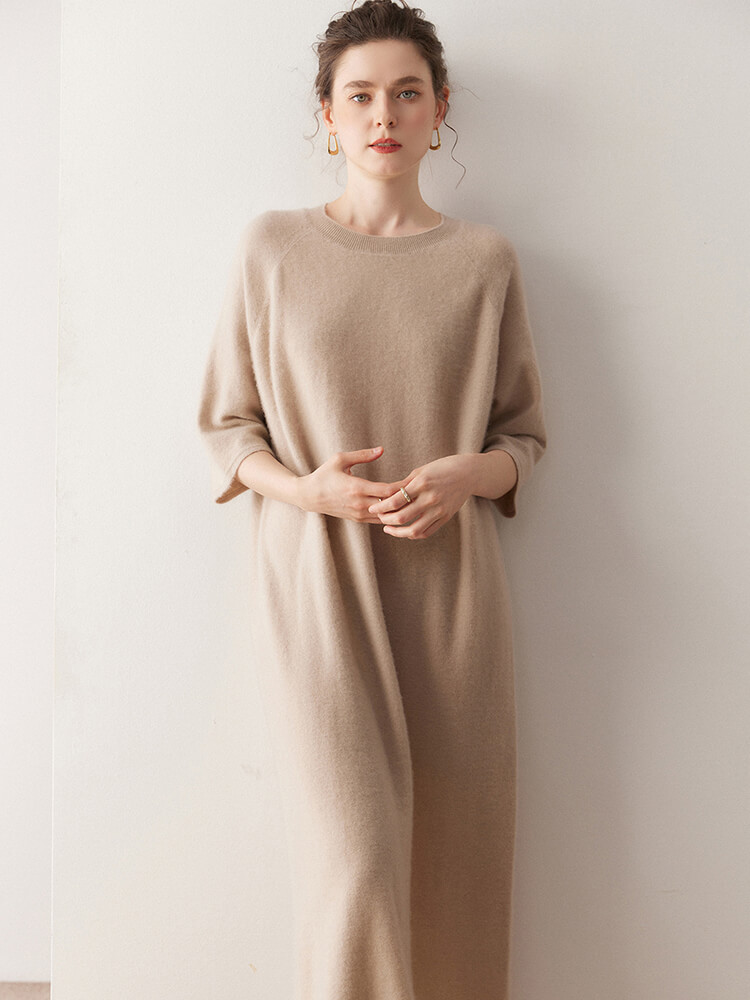 Casual Loose-Fit 3/4 Sleeve Cashmere Dress for Women