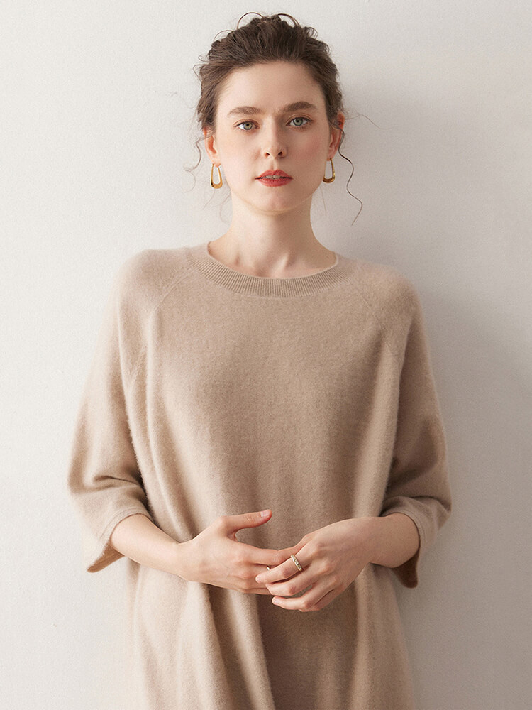 Casual Loose-Fit 3/4 Sleeve Cashmere Dress for Women