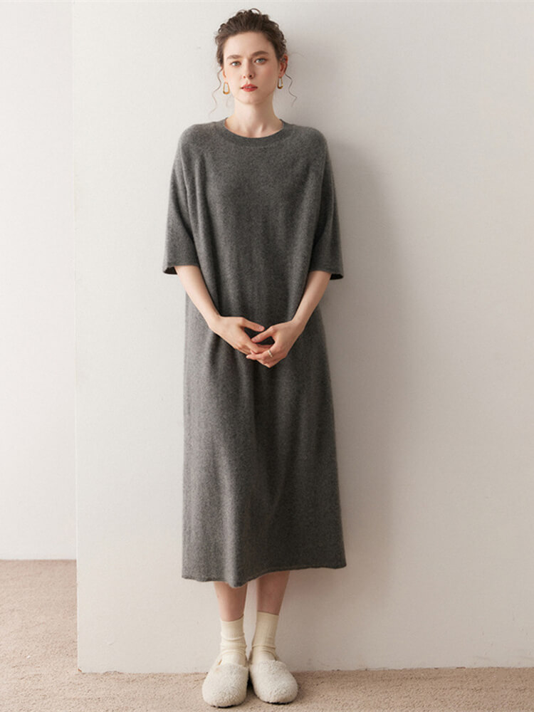 Casual Loose-Fit 3/4 Sleeve Cashmere Dress for Women