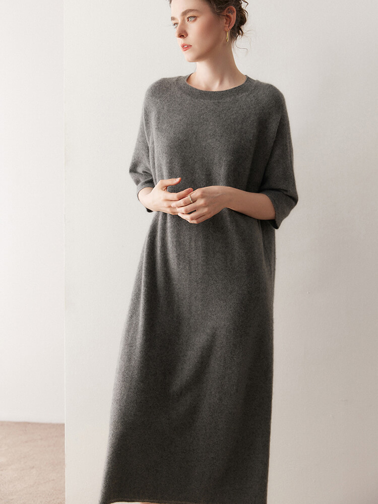 Casual Loose-Fit 3/4 Sleeve Cashmere Dress for Women