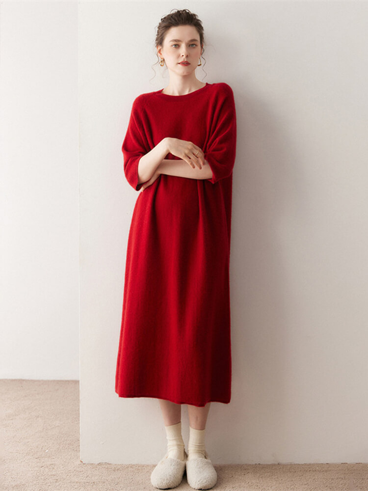 Casual Loose-Fit 3/4 Sleeve Cashmere Dress for Women