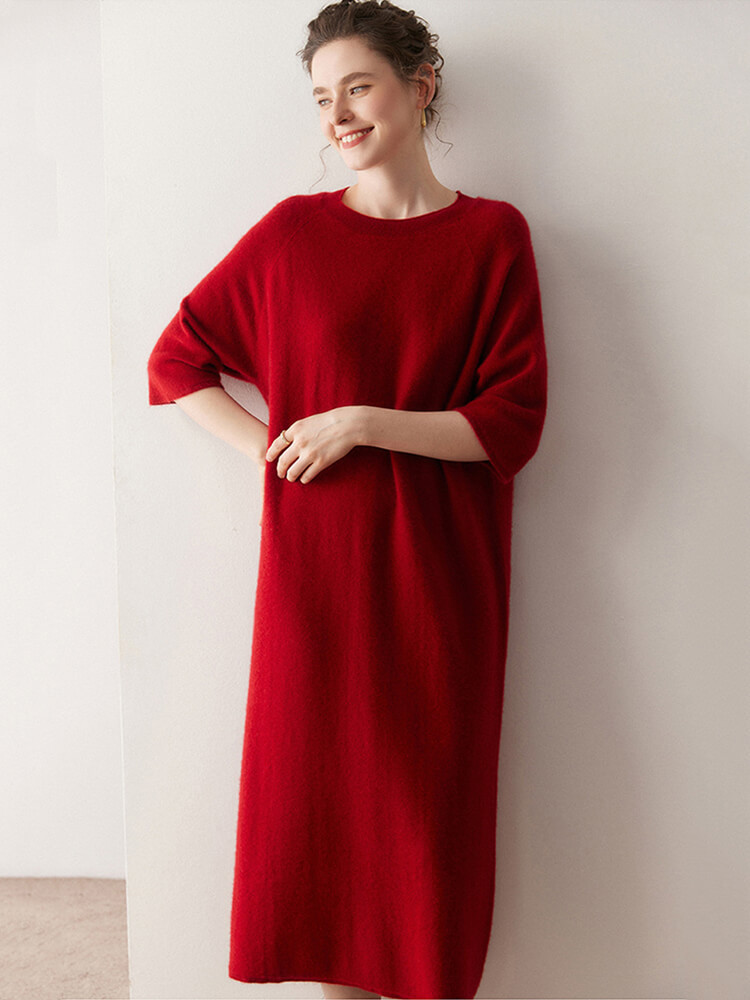 Casual Loose-Fit 3/4 Sleeve Cashmere Dress for Women