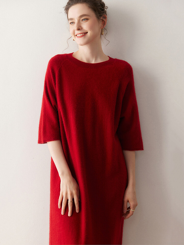 Casual Loose-Fit 3/4 Sleeve Cashmere Dress for Women