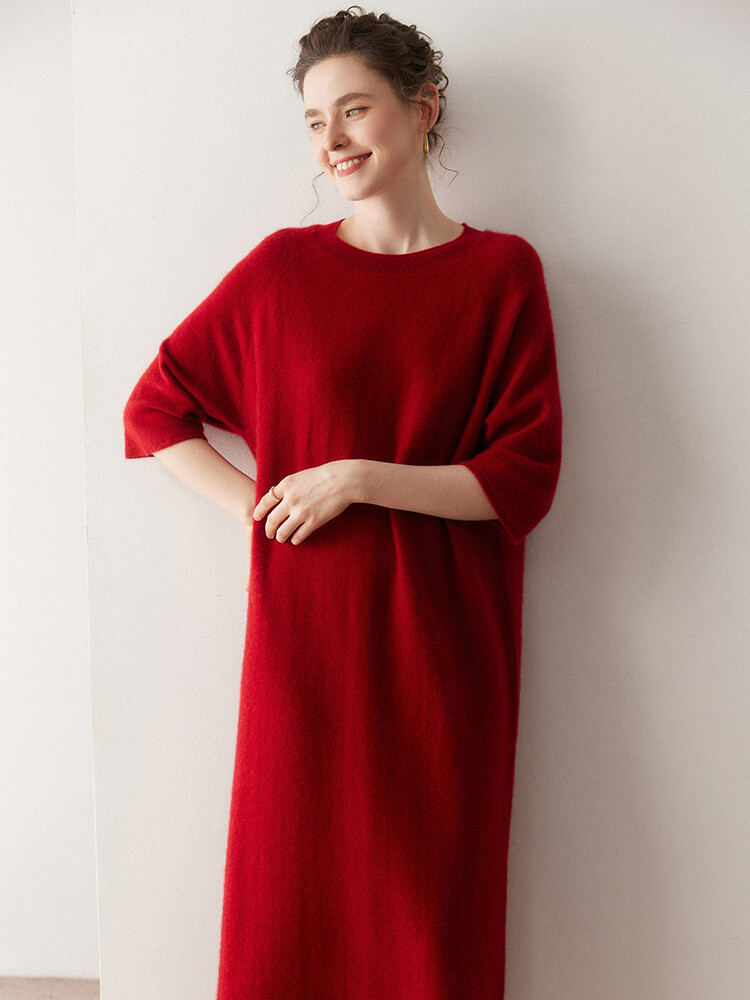Casual Loose-Fit 3/4 Sleeve Cashmere Dress for Women