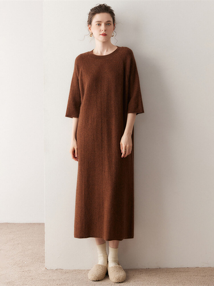 Casual Loose-Fit 3/4 Sleeve Cashmere Dress for Women