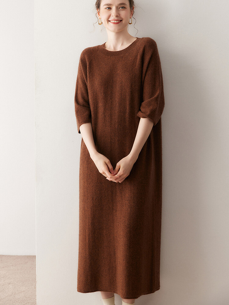Casual Loose-Fit 3/4 Sleeve Cashmere Dress for Women