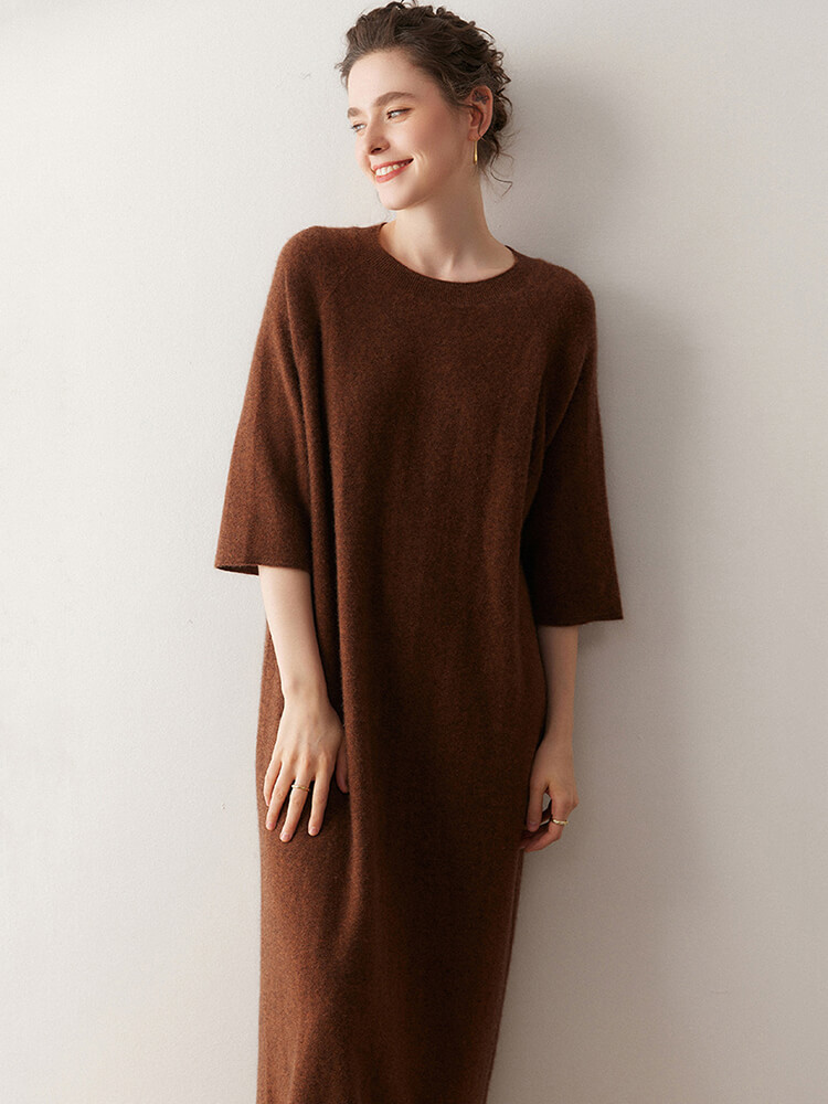 Casual Loose-Fit 3/4 Sleeve Cashmere Dress for Women
