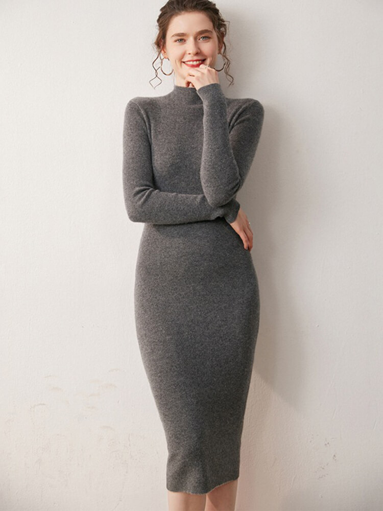 Women's Fitted Cashmere Mock Neck Midi Sweater Dress
