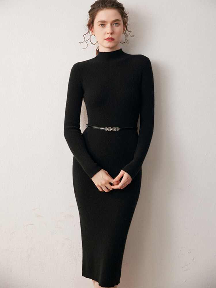 Women's Fitted Cashmere Mock Neck Midi Sweater Dress