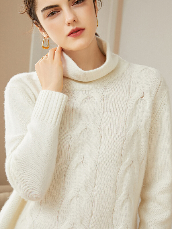 Women's Casual 100% Cashmere Turtleneck Cable-Knit Sweater