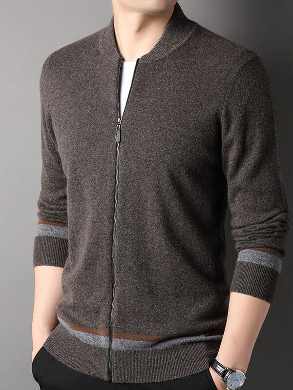 Men's Full-Zip Cashmere Cardigan with Striped Accents