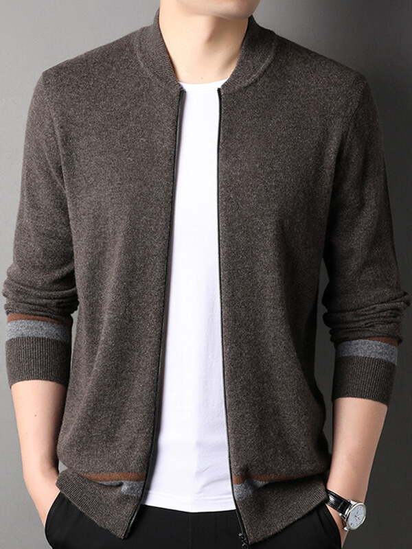 Men's Full-Zip Cashmere Cardigan with Striped Accents