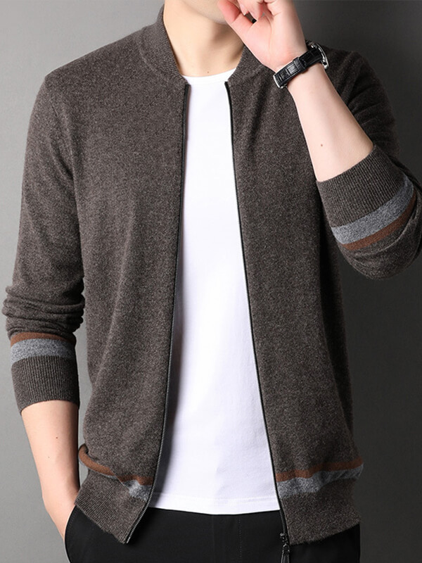 Men's Full-Zip Cashmere Cardigan with Striped Accents
