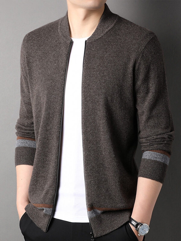 Men's Full-Zip Cashmere Cardigan with Striped Accents