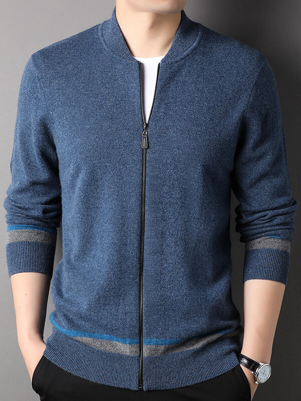 Men's Full-Zip Cashmere Cardigan with Striped Accents