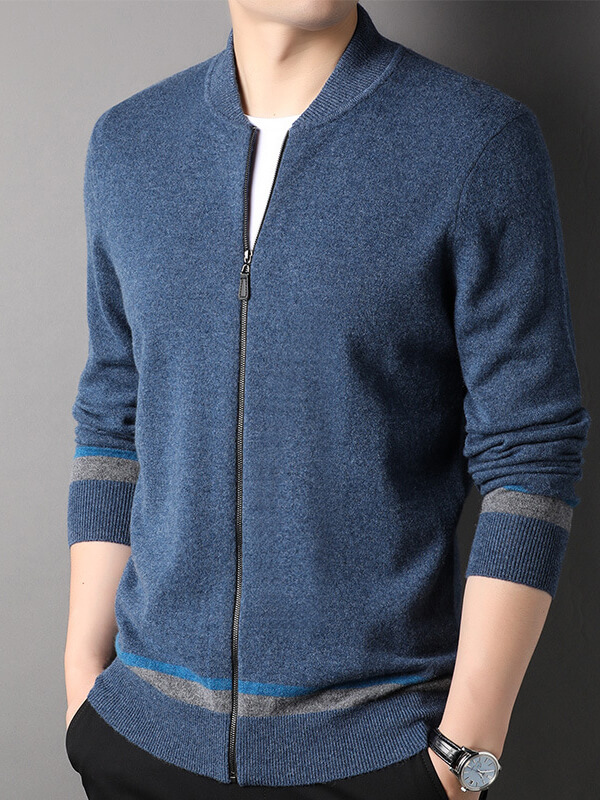 Men's Full-Zip Cashmere Cardigan with Striped Accents