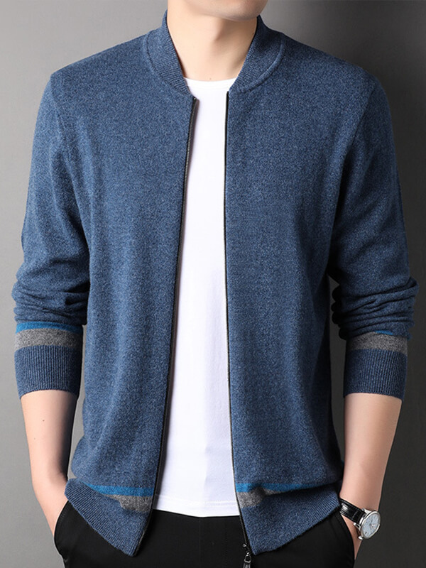 Men's Full-Zip Cashmere Cardigan with Striped Accents