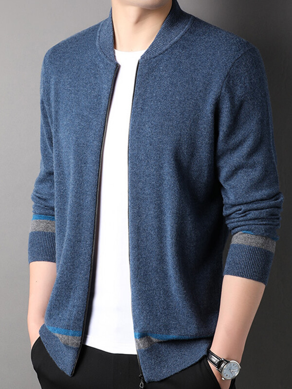 Men's Full-Zip Cashmere Cardigan with Striped Accents