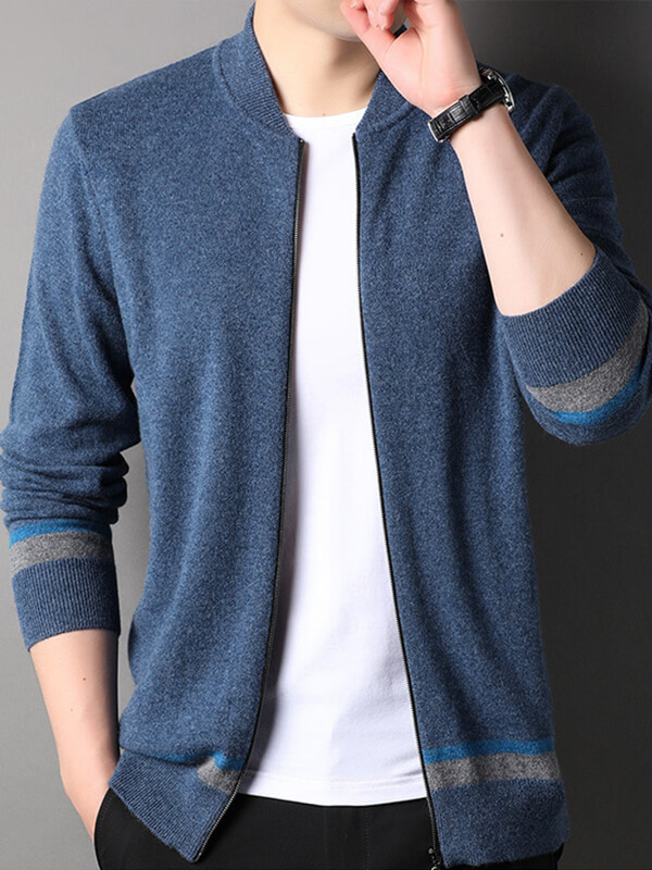 Men's Full-Zip Cashmere Cardigan with Striped Accents